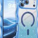 3 x BENTOBEN for iPhone 17 Pro Max Case Clear, [Compatible with MagSafe][Full Camera Protection][Cute Wave Frame][DIY Glitter Cardstock] Electroplated Wavy Shockproof 17ProMax Phone Case 6.9", Sky Blue