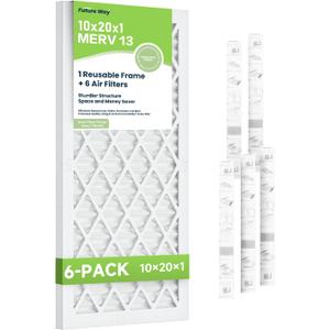 Future Way 10x20x1 Air Filters, 6-Pack with Reusable Frame, MERV 13, MPR 1900 AC Furnace Filters, Space Saving & Cost-effective
