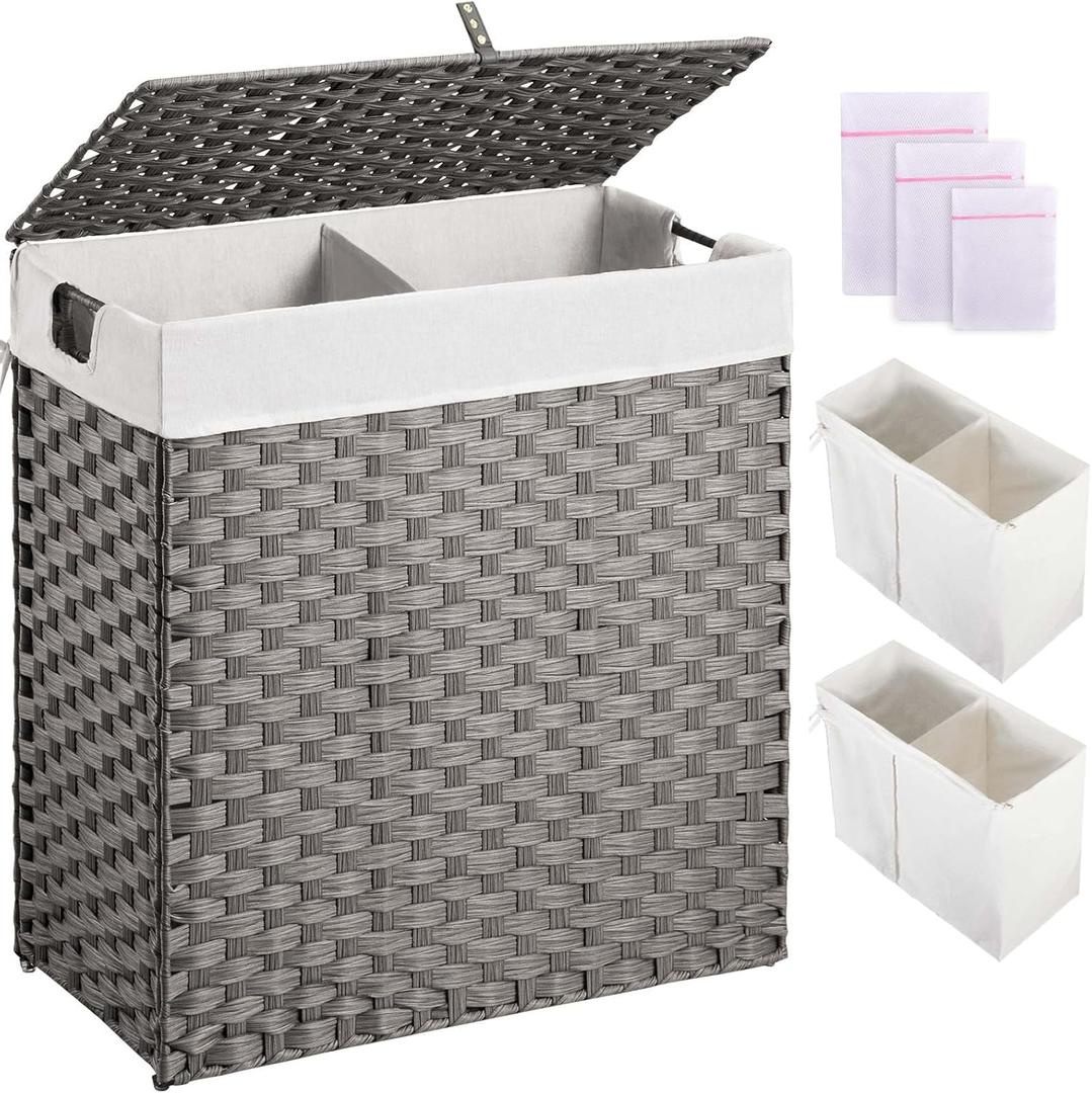 Greenstell Laundry Hamper with lid, No Install Needed, 110L Wicker Laundry Baskets Foldable 2 Removable Liner Bags, 2 Section Clothes Hamper Handwoven Rattan Laundry Basket with Handles, Gray
