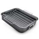 Roasting Pan With Rack 11" x 15" - Non Stick Large Roaster Pan and V-rack with foldable handles - Roasting Pans for Ovens to Elevate Food for Even Heating - Dishwasher Safe Turkey Roast Pot