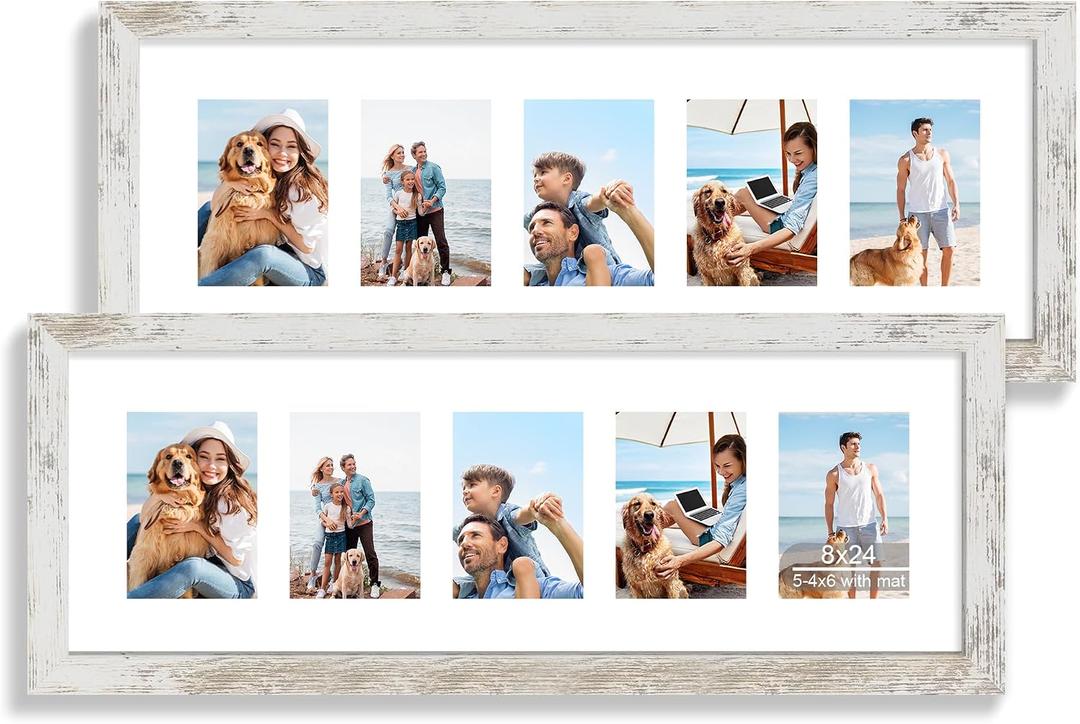 Hongkee 8x24 Picture Frame 2 Pack, Distressed White Wood Frame with Tempered Glass, Display Pictures Multiple Five 4x6 With Mat or 8 x 24 Without Mat - Horizontal or Vertical Wall Mounting, 8x24 in matted to 5-4x6