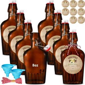 Chengu 8 Pack 8 oz Vanilla Extract Amber Bottles with Swing Top Flask Whiskey Pocket Brown Glass Flask for Homemade Vanilla Extract Lemon Kombucha Water Apply Christmas Wedding Gift