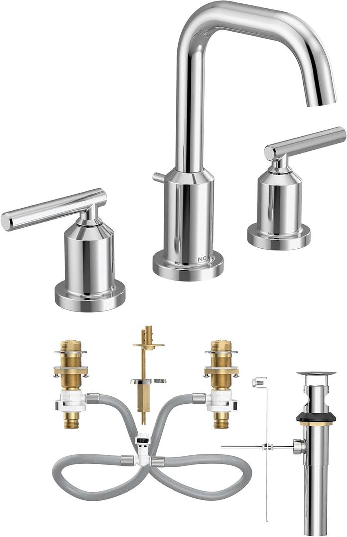 Moen Gibson Two-Handle High Arc Widespread Modern Bathroom Sink Faucet for 3-Hole Setups with Valve Included, Chrome, TV6142