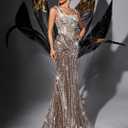 Women's Square Neck Sequin Beaded Mermaid Formal Evening Dress Spaghetti Strap Bodycon Prom Party Cocktail Maxi Gown (Coffee Brown, M)