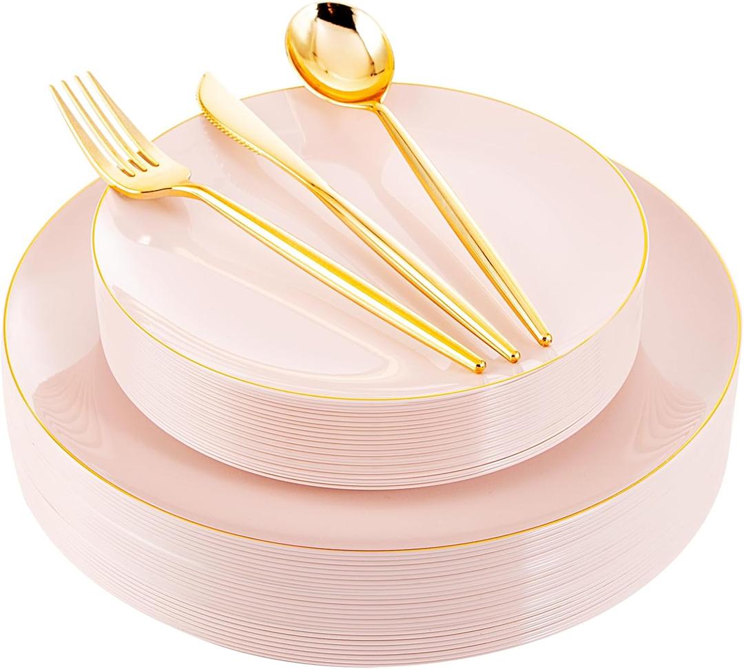 I00000 30 Guests Pink Plastic Easter Plates for Party,Heavy Duty Pink Disposable Plates,Gold Dinnerware Set Include 30 Dinner Plates,30 Dessert Plates,30 Gold Plastic Silverware Set for Easter. (Pink Gold)