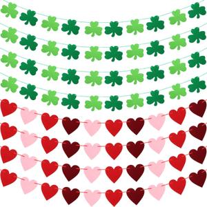 Tatuo 8 Pieces St. Patrick's Day Garland Decor Shamrock Felt Garland Green Red Hearts Banner Hanging String Garlands for Valentines Decor St. Patrick's Day Wedding Birthday Anniversary Party Supplies