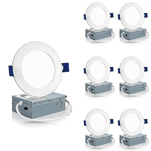 Meconard 6 Pack 4 Inch LED Recessed Ceiling Light with Junction Box, 3000K/4000K/5000K Selectable, 9W=75W 750LM, Dimmable Canless Downlights, ETL and Energy Star Listed