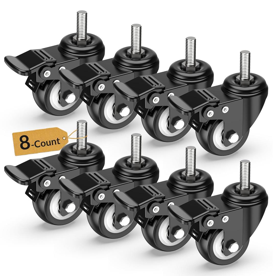 HOLKIE Stem Caster Wheels 2 inch Total Locking Casters Set of 4, Threaded Stem 3/8" -16 x 1 (Diameter 3/8", Length 1") Swivel Heavy Duty Castors Black 8 Pack