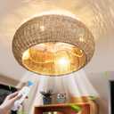 19.7" Boho Caged Ceiling Fan with Lights Remote Control,Flush Mount Rattan Cage Ceiling Fan Chandelier, Farmhouse Ceiling Fans with Light for Kitchen, Bedroom, Dining Room (Gold)