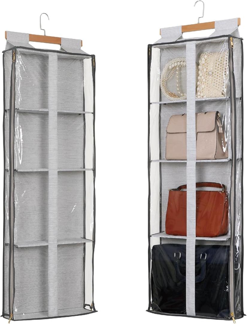 Clear Handbag Storage Organizer Dust Cover Bags-Over The Door Handbag Storage Organizer with Zippers 4 Grids Vesiable Fully Enclosed Purse Organizer for Closet (Grey)