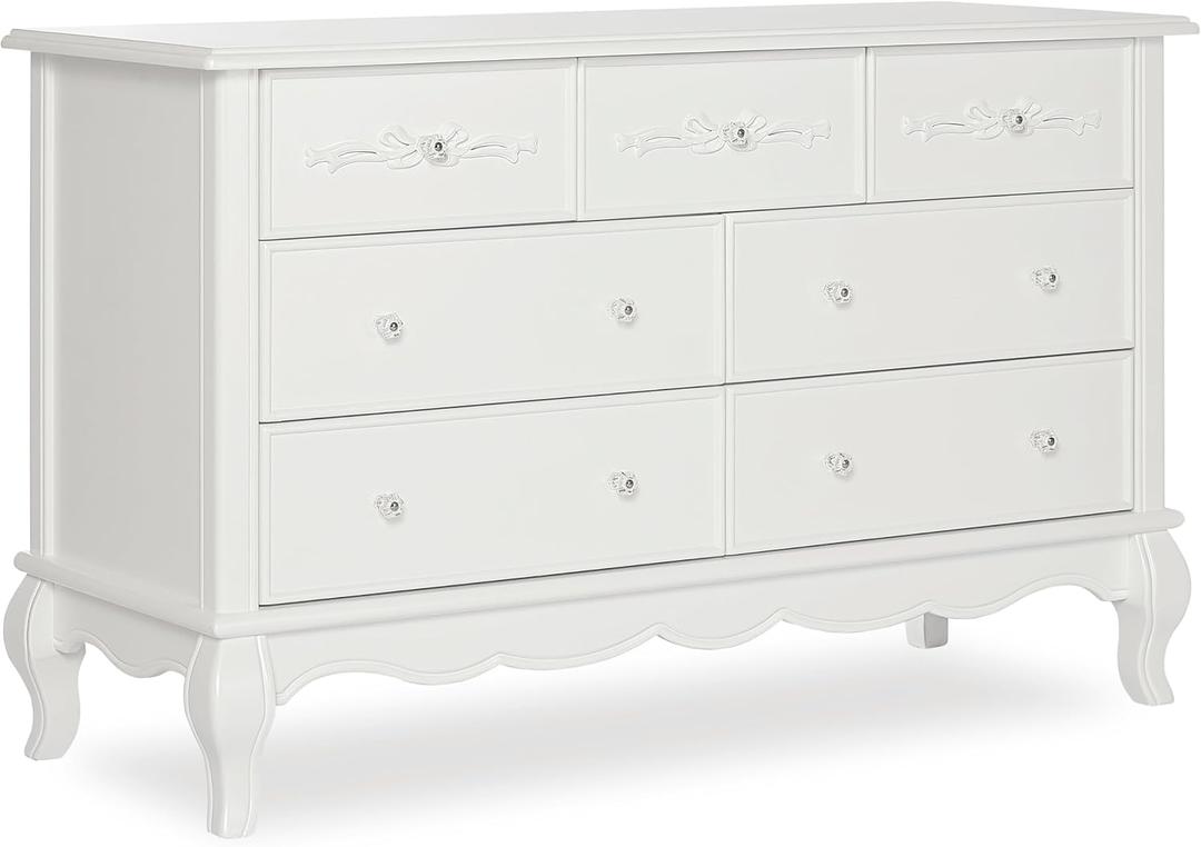Volur Aurora 7-Drawer Double Dresser, Assembled Baby Dresser with Crystal Knobs, Queen Anne Feet & Spacious Storage for Nursery Essentials in Frost White