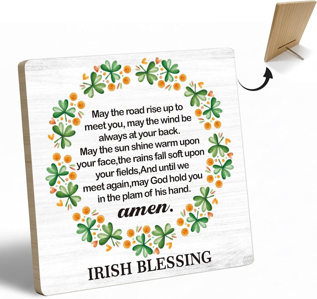 St Patrick's Day Decor, Irish Blessing May The Road Rise Up To Meet You, 6.3 x 6.3 inch Wood Plaque Table Sign, Irish Blessing Gifts, St Patrick's Day Decor for Home Office Desk Table Shelf - LM03