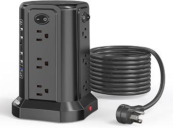 Power Strip Tower Surge Protector, EyGde Electric Charging Station, 12 AC Outlets with 4 Individual ON/Off Switches, Flat Plug 6ft Long Extension Cord with 5 USB Ports (1 USB-A Quick Charge, 4 USB-A)