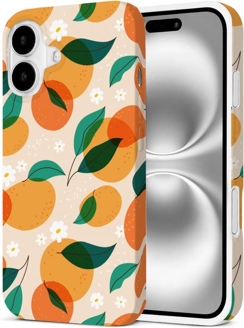 Case Compatible with iPhone 16, Cute Orange Fruit Pattern Aesthetic Phone Case for Women Girls Shockproof Protective Phone Cover - Orange