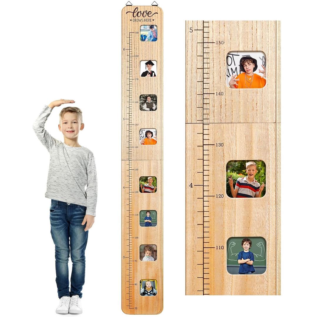 Chunful Wooden Growth Chart for Kids with Picture Frames Height Growth Chart for Wall Foldable Height Measurement Ruler for Boy Girl Teen Bedroom Playroom Nursery Child's Room Wall Decoration