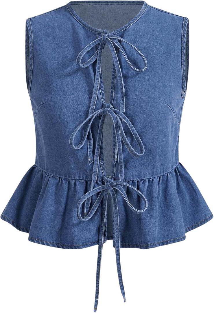 OYOANGLE Women's Plus Size Denim Tie Front Vest Sleeveless Crew Neck Ruffle Hem Jean Jackets (3X-Large Plus, Blue)