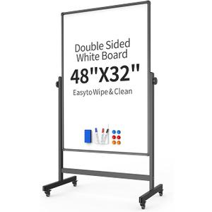 48x32 Mobile Whiteboard on Wheels, Height Adjustable Dry Erase Board, Black
Double Sided Magnetic Surface, 44-87in Height Range, 360° Rotation, Black Frame and Locking Casters for Office and Classroom