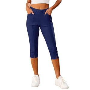 GRAPENT Capri Pants for Women Dressy Dress Capris Elastic Pants for Women Ladies Capris with Elastic Waist Skinny Work Split Trouser Capri Pant Navy Blue Size Medium Size 8-10