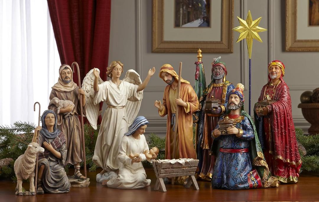Nativity Scene Set with 11 Pieces - Magi, Angel, Shepherds, Jesus, Real Gold Trunk (14 inch)