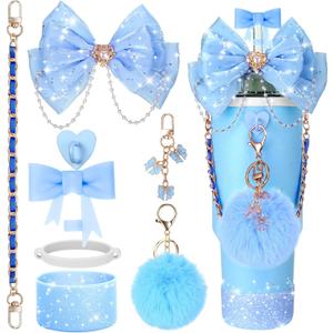 Mity rain Bling Cup Accessories for Stanley Cup 30oz 40oz 20oz Tumbler with Handle, including Bow Straw Topper Cover, Straw Bow Decorate, Leather Water Bottle Handle Strap, Boot (Blue)
