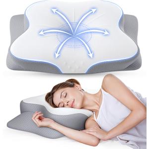Cervical Pillow for Neck Pain Relief - Ergonomic Memory Foam Pillow with Cooling Case Orthopedic Support Side Sleeper Pillow for Pain Relief Support for Side Back Stomach Sleepers (White)