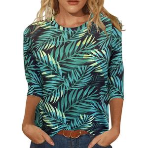 JomeDesign Womens Tops 3/4 Sleeve Shirts Round Neck Loose Casual Blouses Floral Print Tshirts, Size L