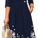 Zeagoo 3/4 Sleeve Women's Dress Casual Flowy A-Line Midi T-shirt Dresses with Pockets Crewneck Vocation Boho Beach Sundress (Blue, L)