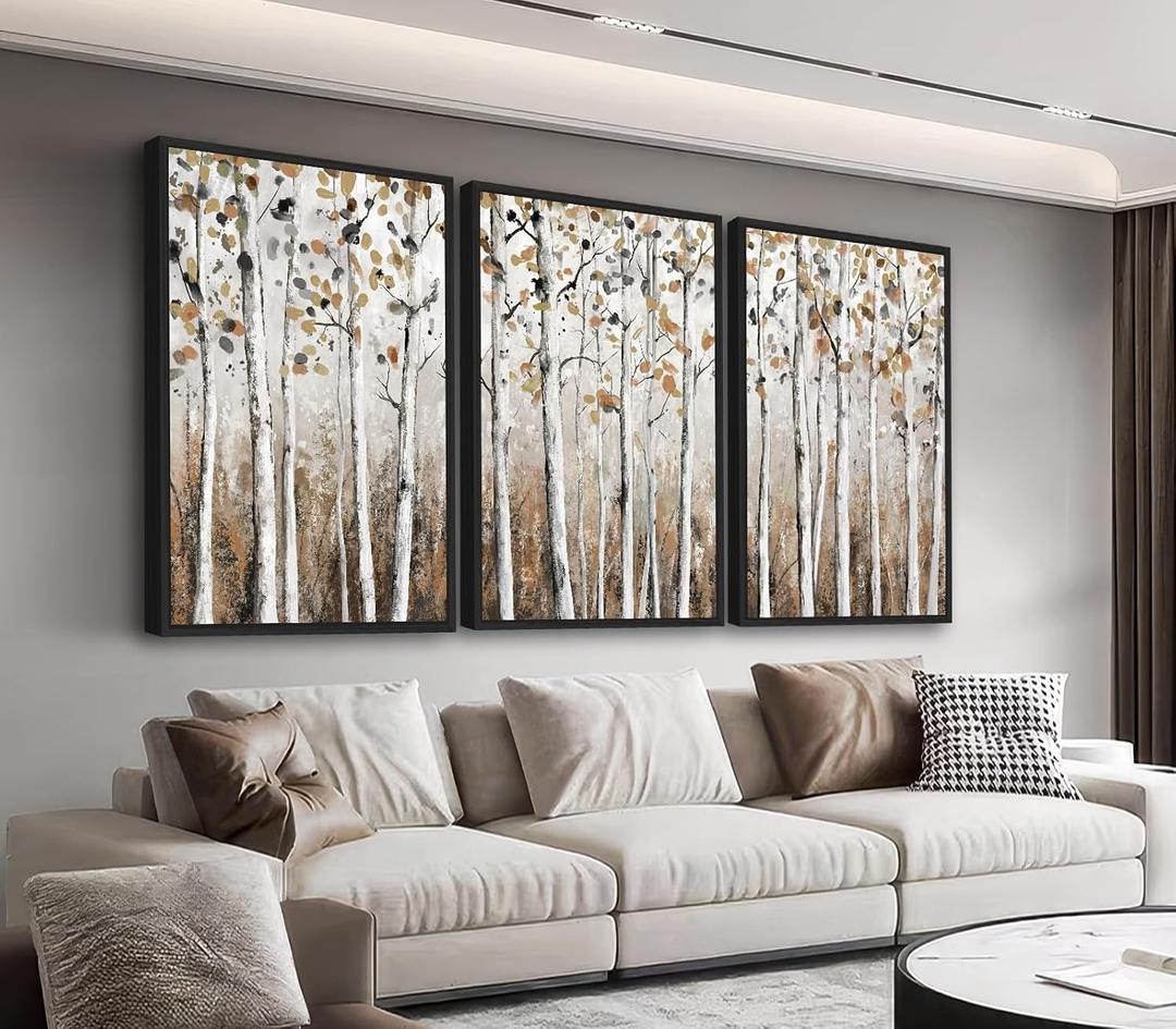 Large Framed Tree Wall Art - Abstract Forest Wall Decor 16"x24" Set of 3 Aesthetic Autumn Birch Painting Prints Modern Brown Plant Canvas Pictures for Living Room Bedroom Office Artwork, 16"x24"x3 Framed
