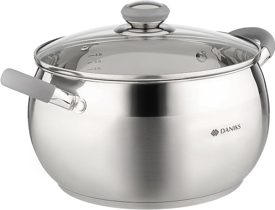 Daniks Modern 7 Quart Stainless Steel Stock Pot with Glass Lid, Tri-Ply Bottom for Even Heating, Induction Compatible, Dishwasher Safe, Heatproof Handles