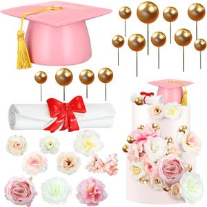 Wavwavw 50 Pcs Resin Graduation Cake Topper Class of 2026 Cap and Diploma Gold Balls Kit Congrats Grad Cake Decorations for Master Graduation Party Middle High School Supplies(Pink)