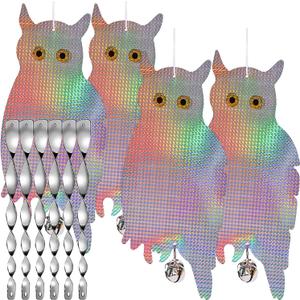 Dyvicl Fake Owl Hanging Reflective Owl for Woodpecker Deterrent 4 Pack, Bonus 6 Reflective Scare Spiral Rods