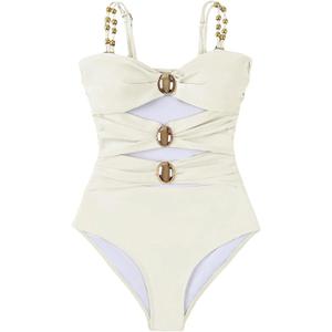 Verdusa Women's Cut Out Colorblock One Piece Swimsuit Ruched Swimwear Bathing Suit (Large, Cream White)