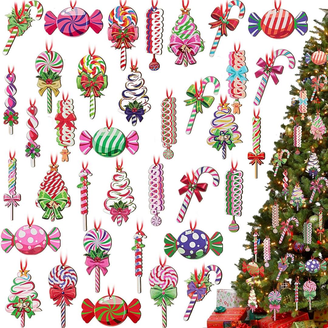 36 Pcs Christmas Tree Ornaments Set Christmas Candies Round Lollipop Gingerbread House Flat Train Donut Cake Wood Peppermint Wood Ornaments for Xmas Tree Party Supplies (Cute)