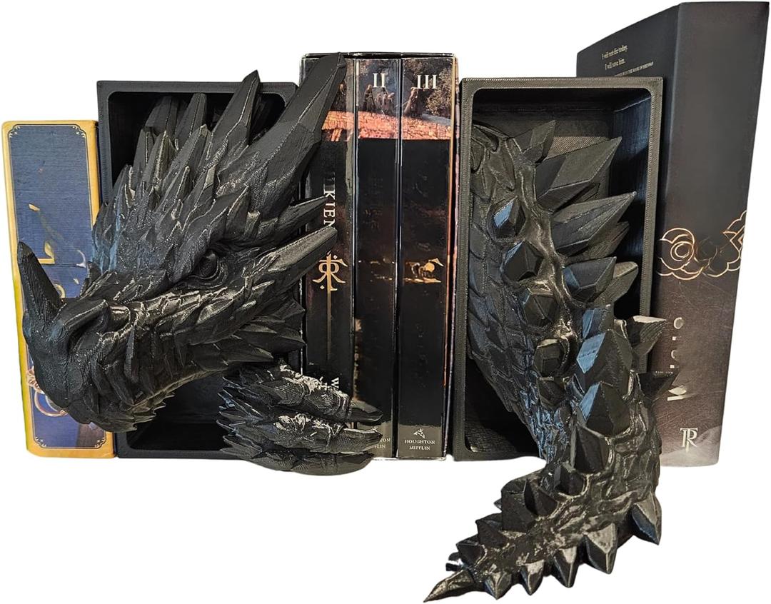 Dragons Awakening Book End  Fantasy Book Nook Insert for Dragon Readers  Unique Home Decor for Bookshelves & Libraries (Black - Head and Tail)