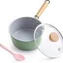 ROCKURWOK Ceramic Nonstick Sauce Pan with Lid, 1.5 Qt Small Pots for Cooking, Small Pot Wooden Handle for Cool Touch, Non Toxic & Pfas-Free Saucepan, Universal Base(Gas, Electric & Induction), Green
