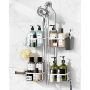 Adjustable Shower Caddy Hanging for Handheld Showerheads - Never Rust Shower Hanging Organizer, Upgraded Bathroom Shower Rack with Soap Basket, Hooks and Toothbrush Holder (Silver)