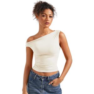 SUUKSESS Women Off Shoulder Tops Sleeveless Shirts Y2K Going Out Crop Tank Top (Large, Cream White)
