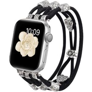 Beaded Bracelet Compatible with Apple Watch Band 38mm 40mm 41mm 42mm (S10) Women, Boho Braided Solo Loop Nylon Strap Dressy Band Cute Fancy Charms Replacement for iWatch Series 10/9/8/SE/7/6/5/4/3 S (A1 Black)