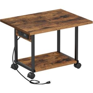 Printer Table, 2-Tier Under Desk Printer Stand with Charging Station, Printer Stand with Wheels, Printer Shelf for Small Spaces, PrinterCart for Home Office Rustic Brown