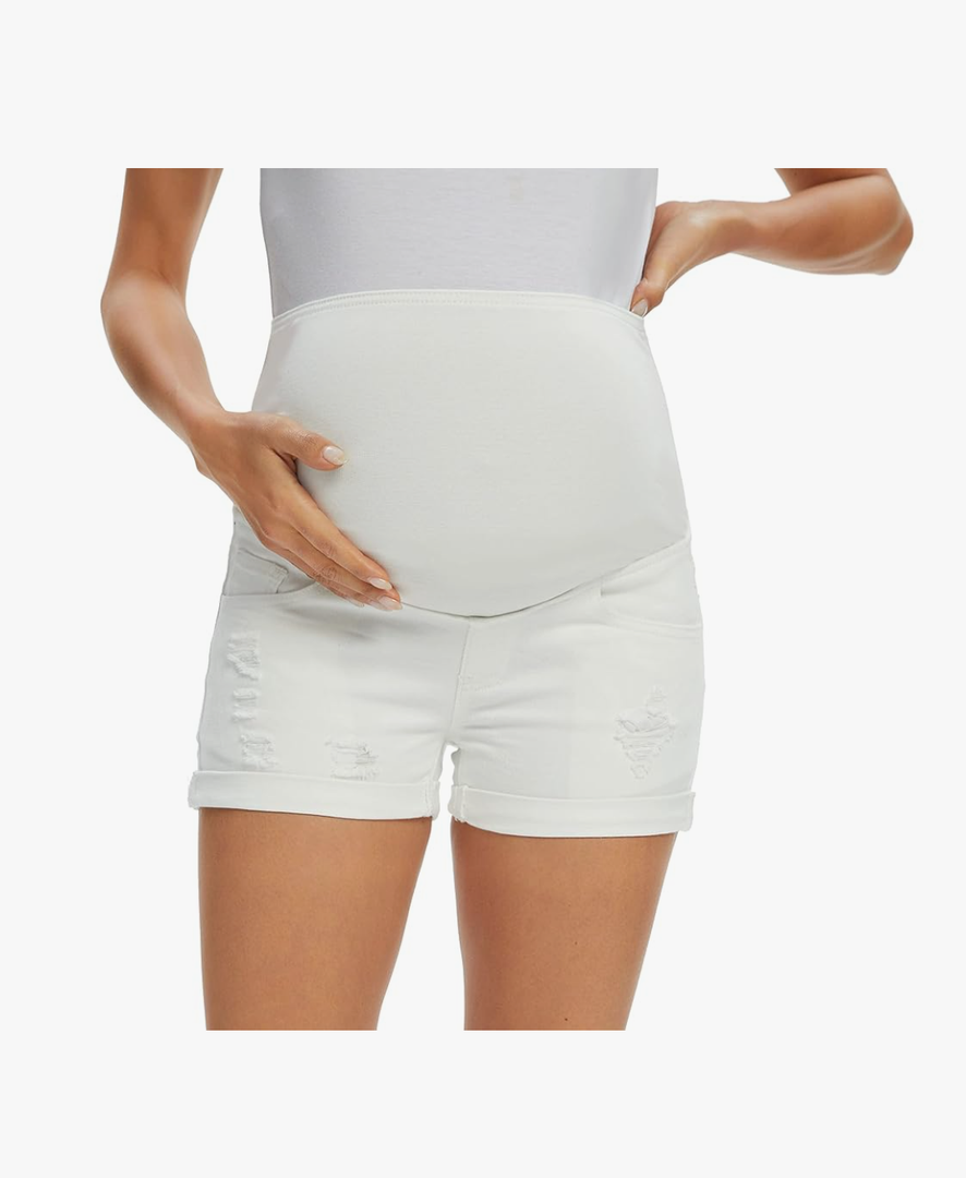 Foucome Maternity Denim Shorts Over Bump Ripped Distressed Folded Hem Blue Jean Shorts Comfy Summer Pregnancy Shorts S