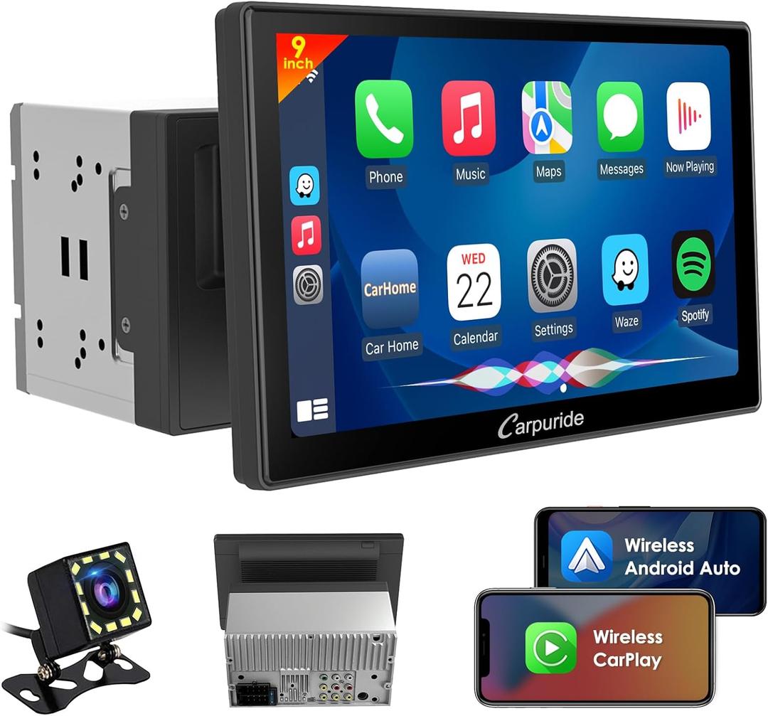 Carpuride YT09S IPS Double Din Car Stereo Radio Screen for Apple CarPlay and Android Auto, 9" Double Din Radio with Backup Cam, Siri, SWC, FM/ AM, Mirror Link, Navigation, SD Card & USB Playback