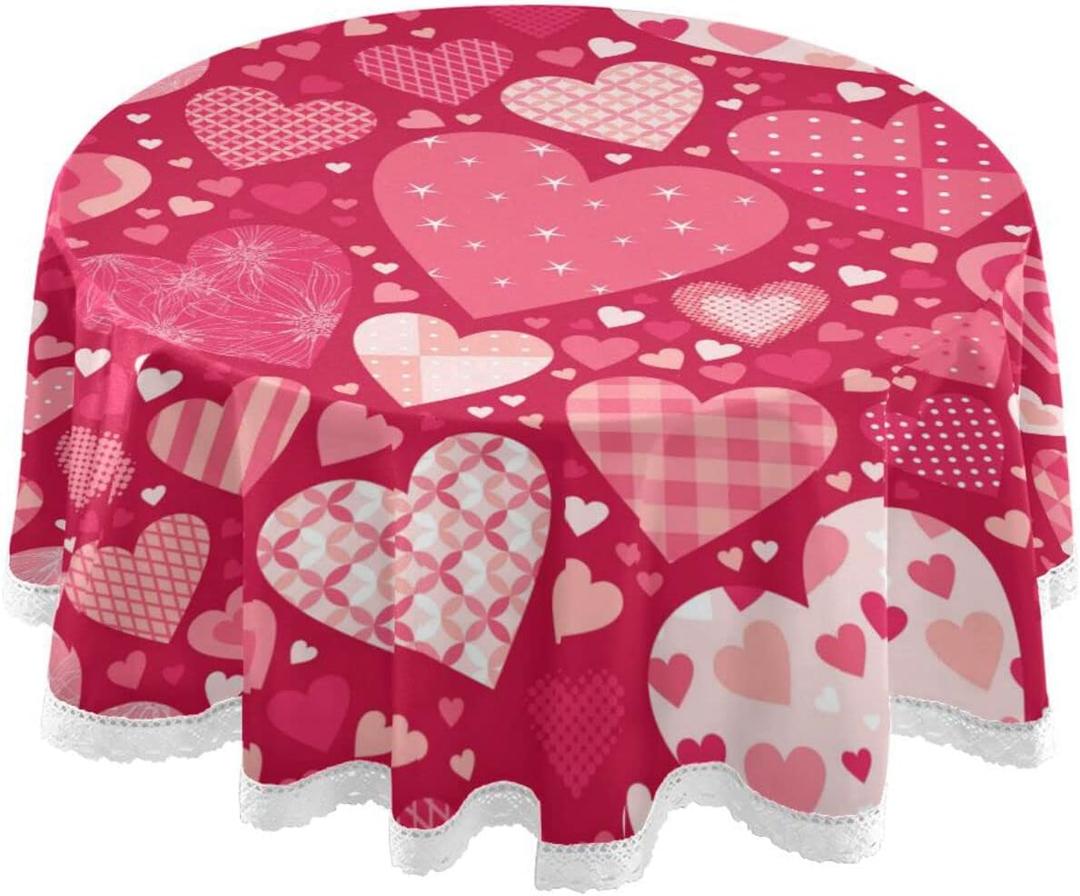 Valentine's Day Round Tablecloth 60 Inches Pink Red Hearts Lace Table Cloth Water Resistant Spillproof Wrinkle Free Love Hearts Valentines Table Cover