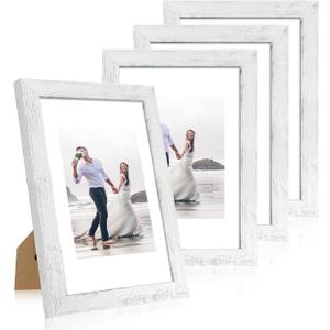 8x12 Picture Frame Set of 4 with High Definition Glass, Distressed White Frame Display 6x8 Picture with Mat or 8 x 12 Without Mat, Wood Rustic Photo Frames for Tabletop and Wall Mounting
