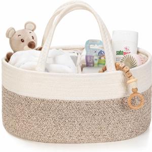 Diaper Caddy Organizer, Empty Gift Basket for Newborn Essentials, Baby Storage Basket, Stylish Gift Bag for Baby Shower, Boys and Girls  Small, White and Beige Brown (Small - 14.2"L x 8.7"W x 7.1"H)