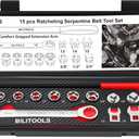 BILITOOLS 15-Piece Universal Serpentine Belt Tool Set,Belt Tensioner Tool Kit with Ratcheting Wrench, Crowfoot Wrenches, Socket Adapters.19 mm and 7/8'' ratchet drive.