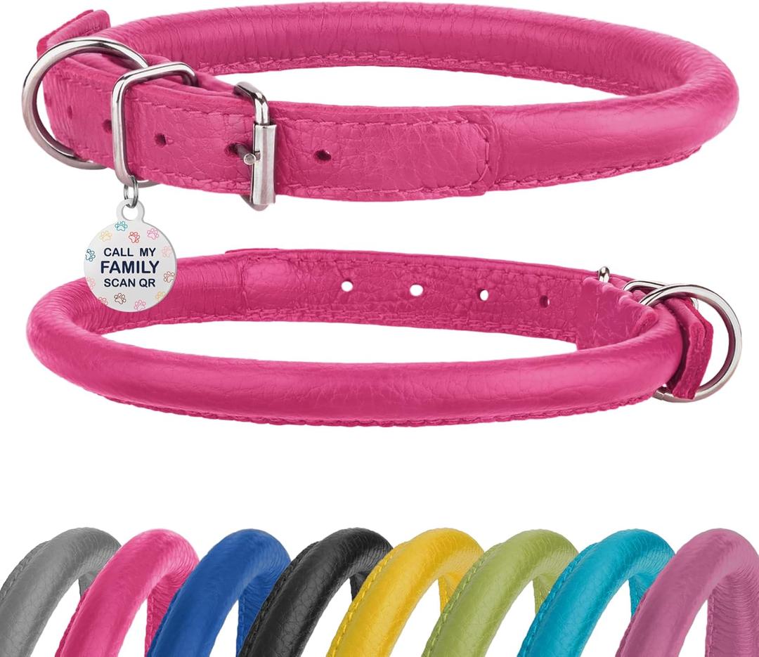 Rolled Leather Dog Collar Soft Round Collars, ID Tag for Small Medium Large Dogs(19-22 inch, Pink) (Pink & Silver Buckle)