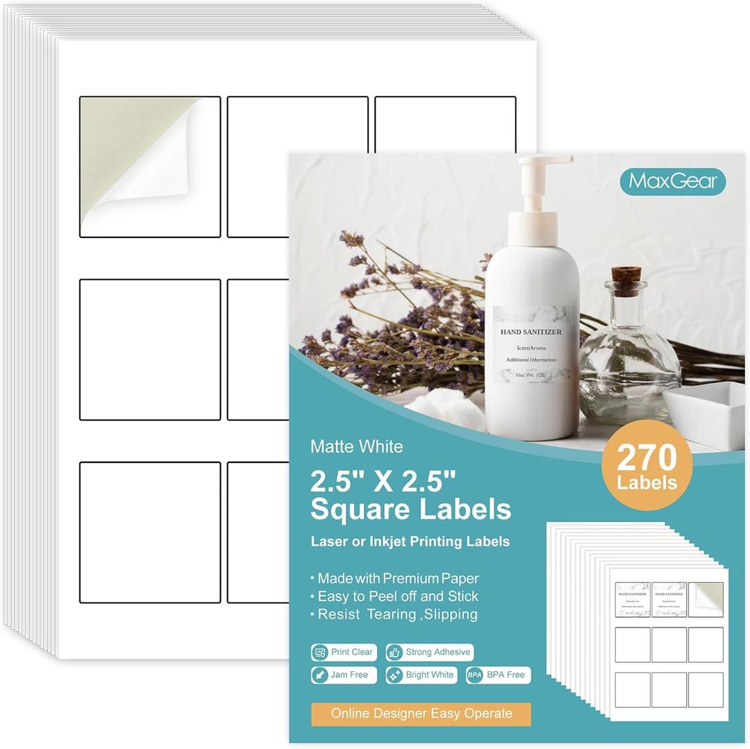 2 x MaxGear 2.5" x 2.5" Square Labels, for Inkjet or Laser Printer, Matte White Printable Sticker Paper Labels Sheets, Strong Adhesive, Dries Quickly, Holds Ink Well, 270 Pcs