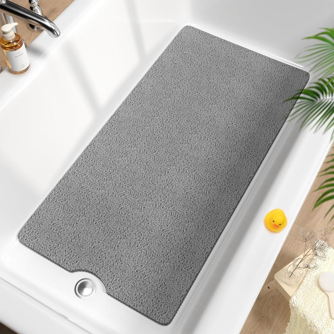 HITSLAM Non Slip Bathtub Mat 40 x 20 Inch, Extra Long Bath Mat for Tub, Soft PVC Loofah Shower Floor Mat with Drain, Quick Drying Bathroom Tub Mat for Wet Area, Without Suction Cup, Grey