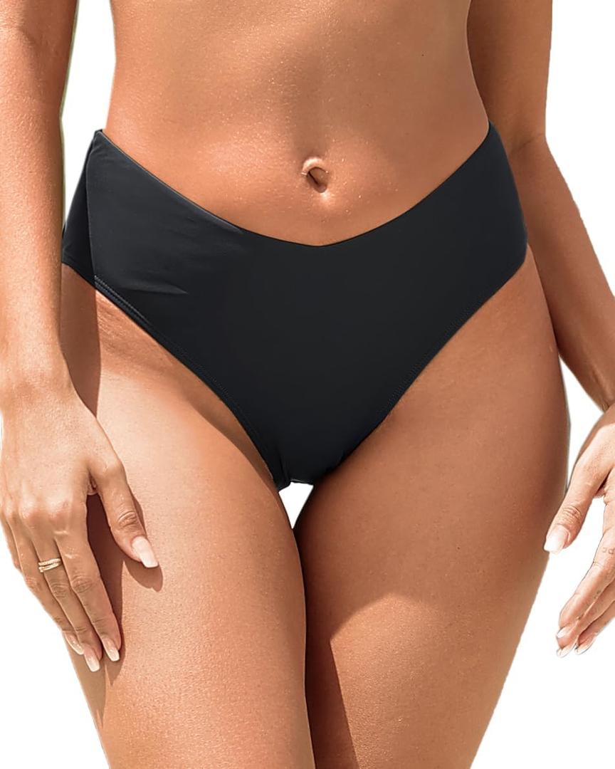 Zmart Women V Cut Cheeky Bikini Bottoms - Mid Waist High Cut Swim Bathing Suit Bottoms V Front Swimsuit (Large, Black)