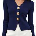 Daacee Women Cropped Gold Button Sweaters Structured Long Sleeve Cardigan (Blue, M)